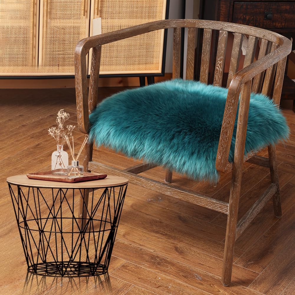 IRIWOOL Square Fur Sheepskin Chair Cover Seat Cushion Pad Super Soft Area Rugs for Living Bedroom Sofa 18" x 18" (Pack of 1), Dark Aquamarine