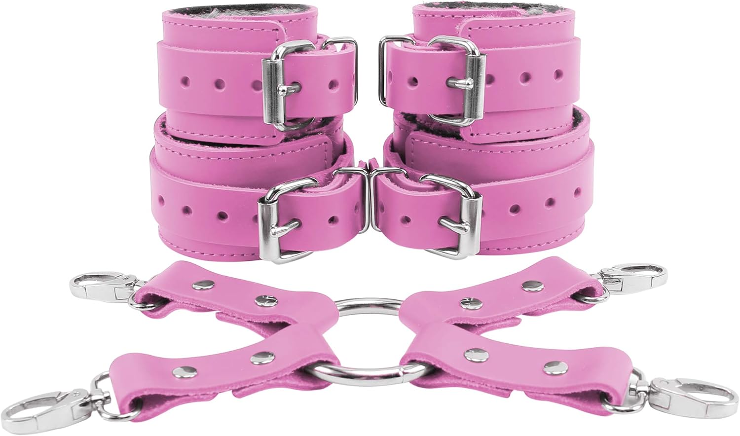 VP Leather Wrist Cuffs Ankle Cuffs Leather Connector Set Genuine Latigo Leather Chinchilla Fur