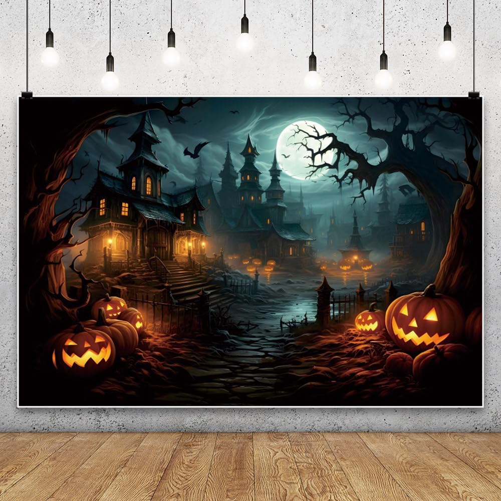 Leowefowa 10x8ft Halloween Photography Backdrop Horror Moon Night Pumpkin Lantern Background Scary Castle Dead Tree Branch Horror Moon Party Banner Decor Photo Supplies Prop