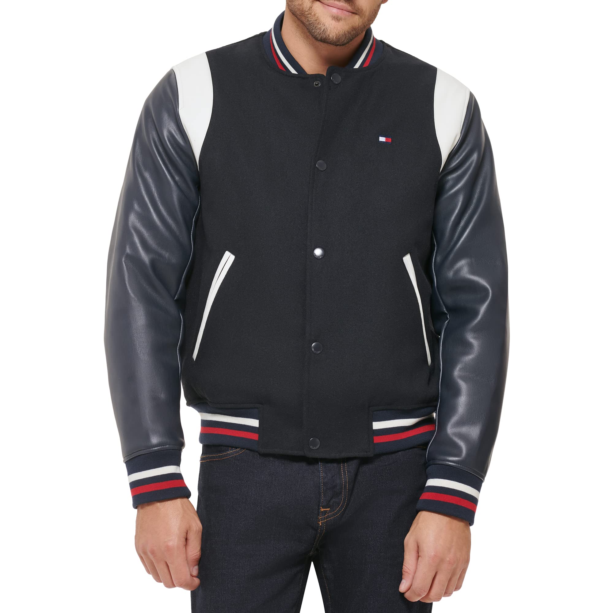 Tommy Hilfiger Men's Mixed Media Varsity Bomber Jacket, Navy, L