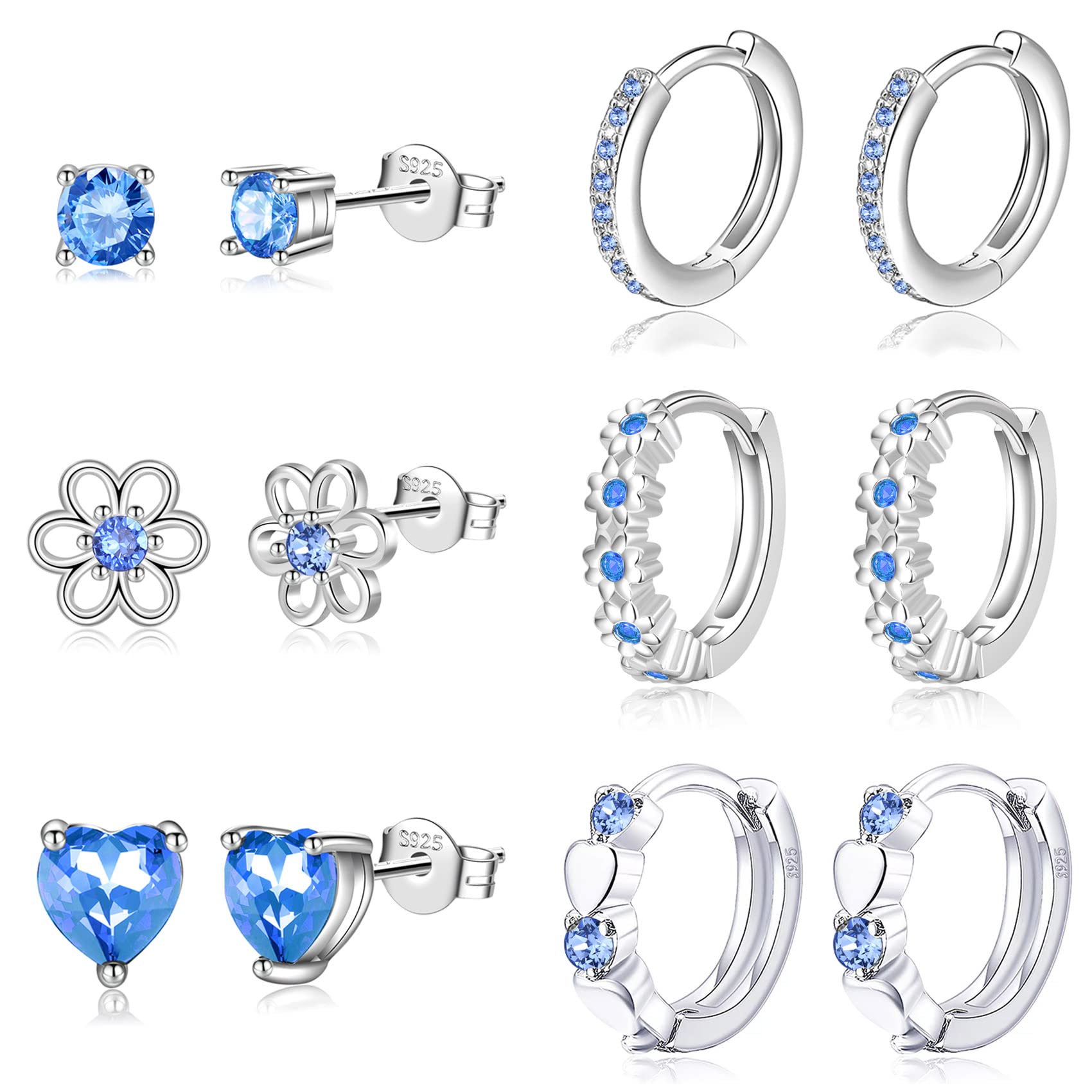 6 Pairs Huggie Hoop Earrings for Girls 925 Sterling Silver Stud Sets Cute Kids Heart Hoops Tiny Cubic Zirconia Flower Stud Small Hypoallergenic Cartilage Sleeper Earrings for Teen Toddler Childs Women