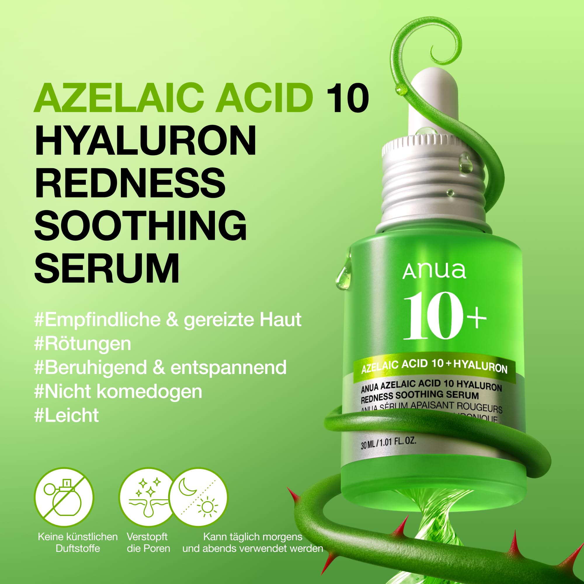 Anua Azelaic Acid 10 Hyaluron Redness Soothing Serum, Gesichtsserum für unreine & empfindliche Haut, Leichte & hydratisierende Hautpflege bei Unreinheiten, Hyaluronserum, Korean Skincare, 30ml