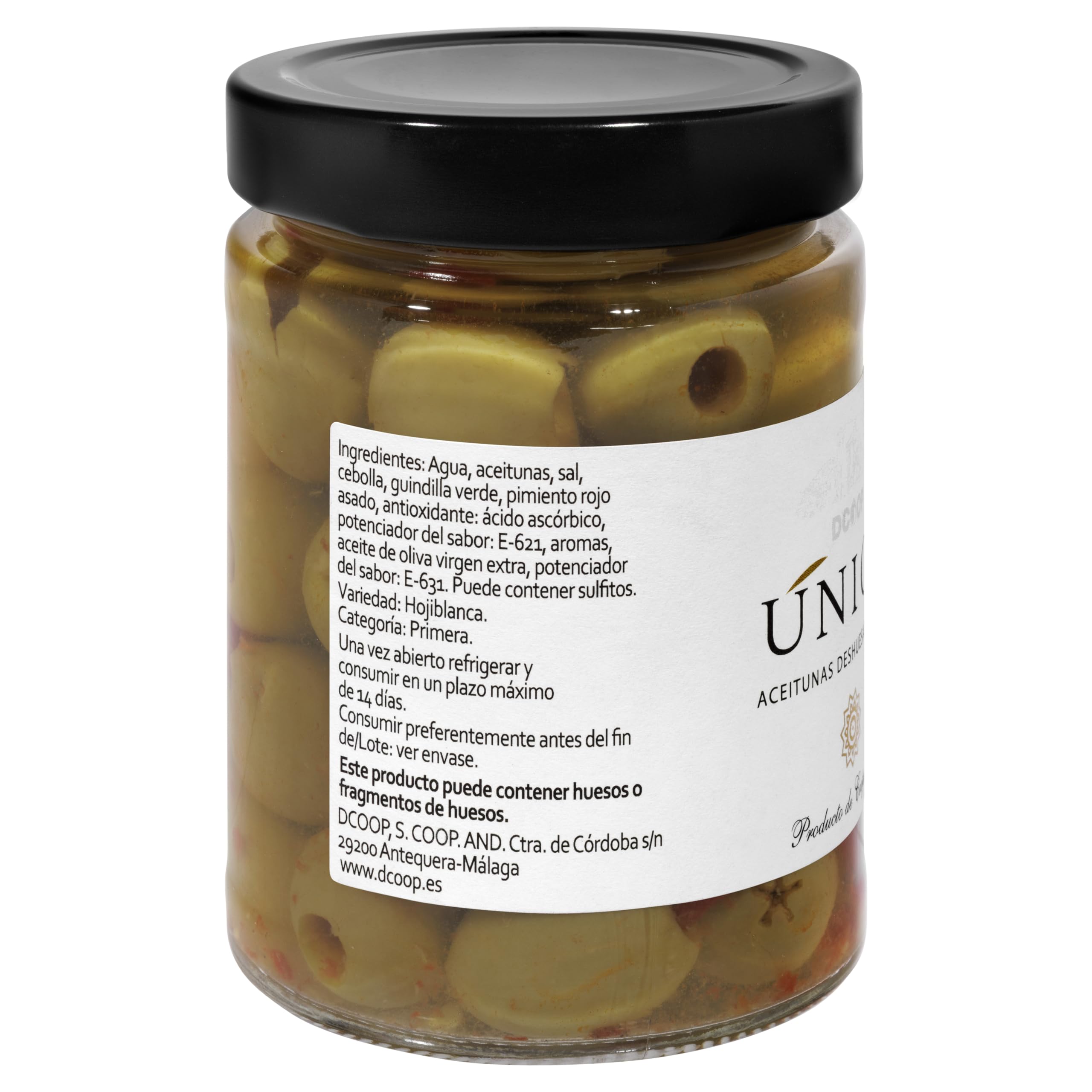 Aceitunas Verdes Hojiblanca Deshuesadas Aliñadas Únicas, Categoría Primera, 325 g