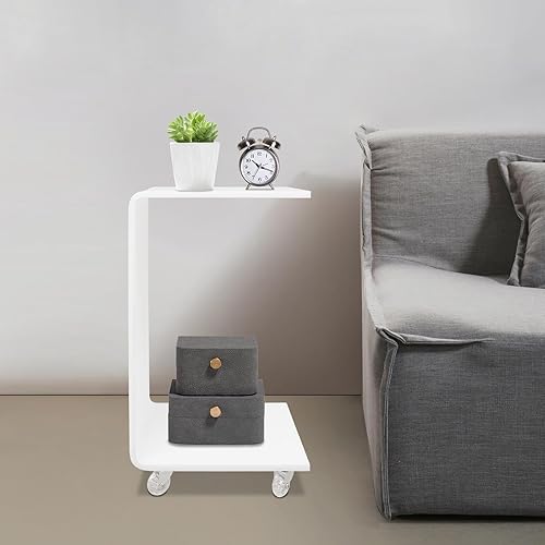 C-Shaped Side Table with Wheels, 2 Tier Acrylic Couch Table, TV Tray Tables, Nightstand, Bedside Tables, Coffee Table for Living Room, Bedroom,