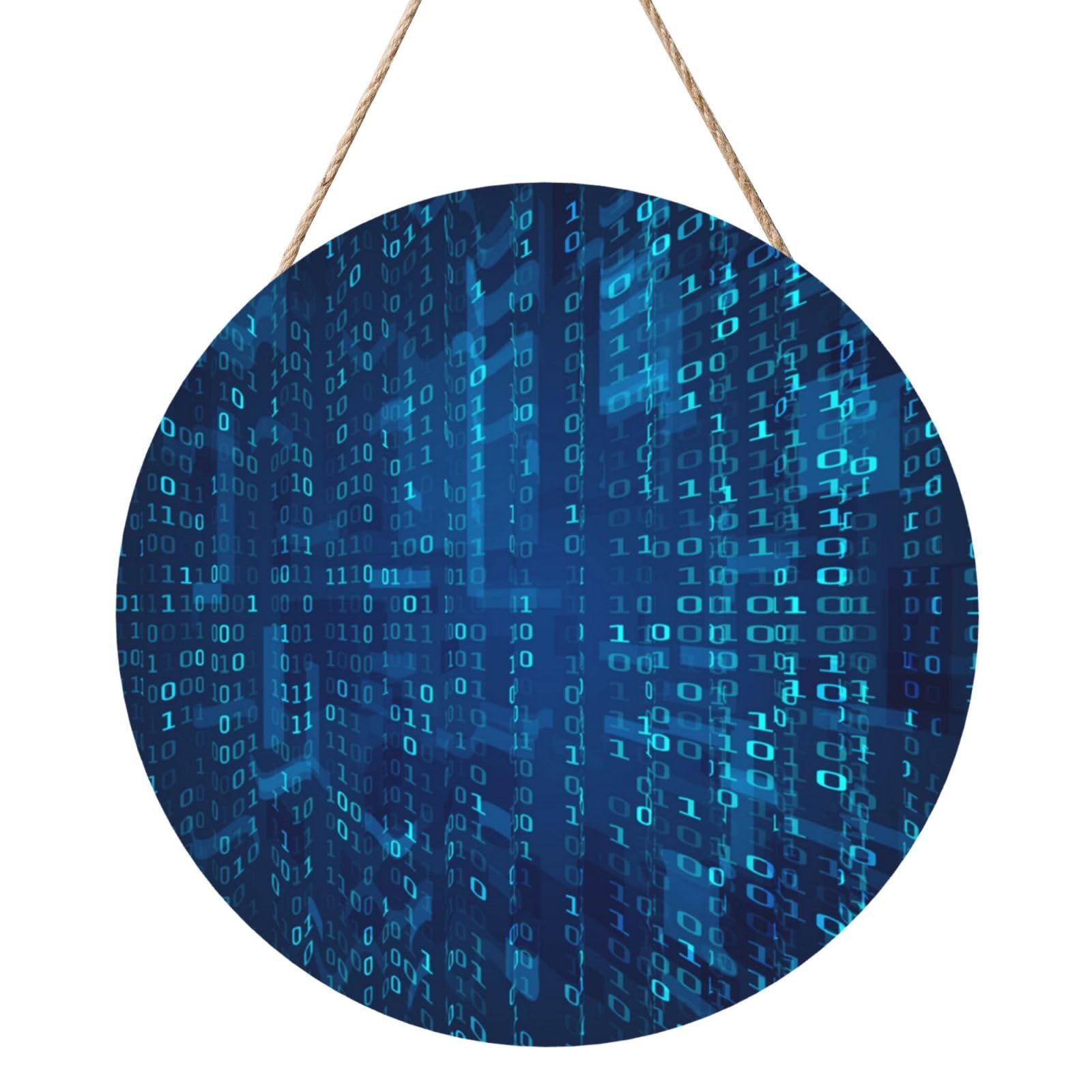 InOmak Programmer Blue Binary Code, Round Wood Panel Painting 12 in, Wall Hanging Painting For Home