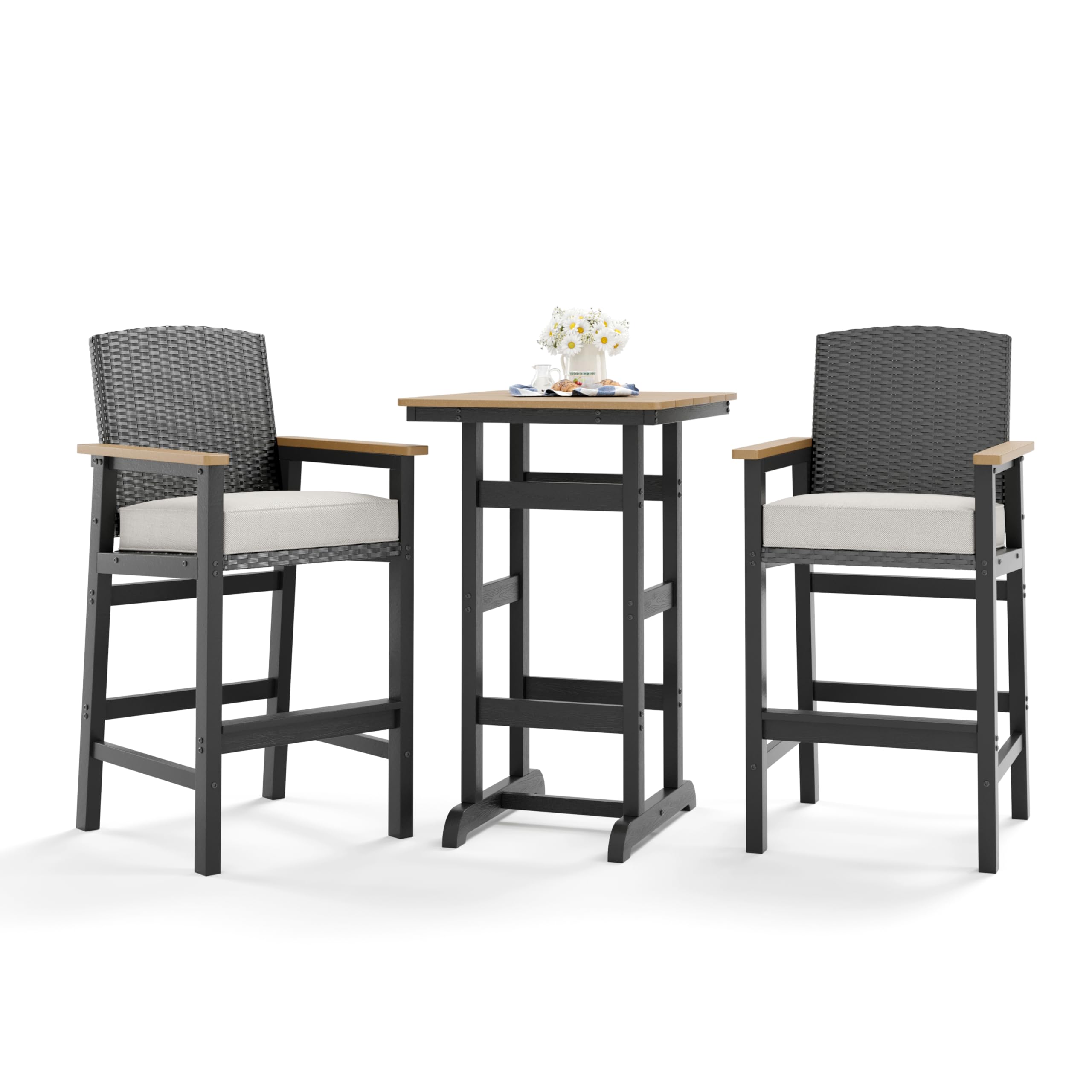 PHI VILLA 3-teiliges Bartisch mit Barhocker Set, Outdoor Barmöbel Garten Bartisch Set mit Rattan Hocker und Tischplatte in Holzmaserung, Bar Tisch mit 2 Stühlen für Terrasse