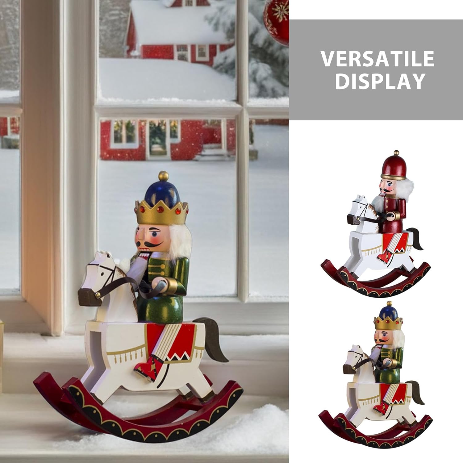 Cabilock 2PCS Christmas Nutcracker Puppet: Wooden Rocking Horse Nutcracker Figures Xmas Puppet Mantel Tabletop Centerpieces Winter Festival Shelves Decoration
