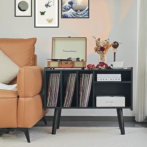 Miniatura 3 de Soporte para tocadiscos con almacenamiento de vinilo con capacidad para hasta 300 libras, armario de mesa grande para almacenamiento de álbumes con