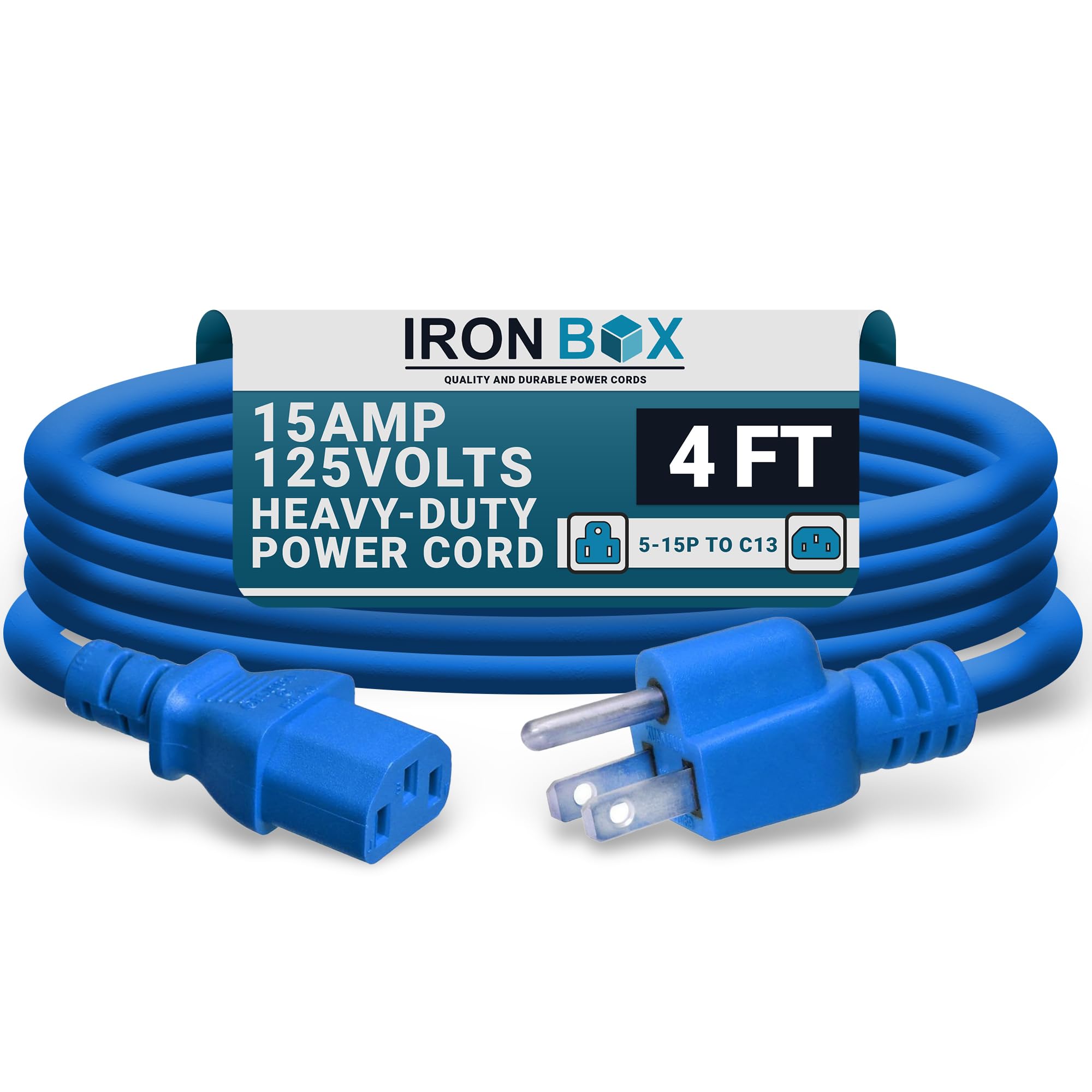 IronBox Electric - Heavy-Duty 5-15P to C13 Power Cord - 3 Prong 15A 125V 14/3 SJT PC Cable - Cord for Computer, Monitor, Subwoofer, Amplifier - Cable for Power Supply - (Blue 4 Foot)