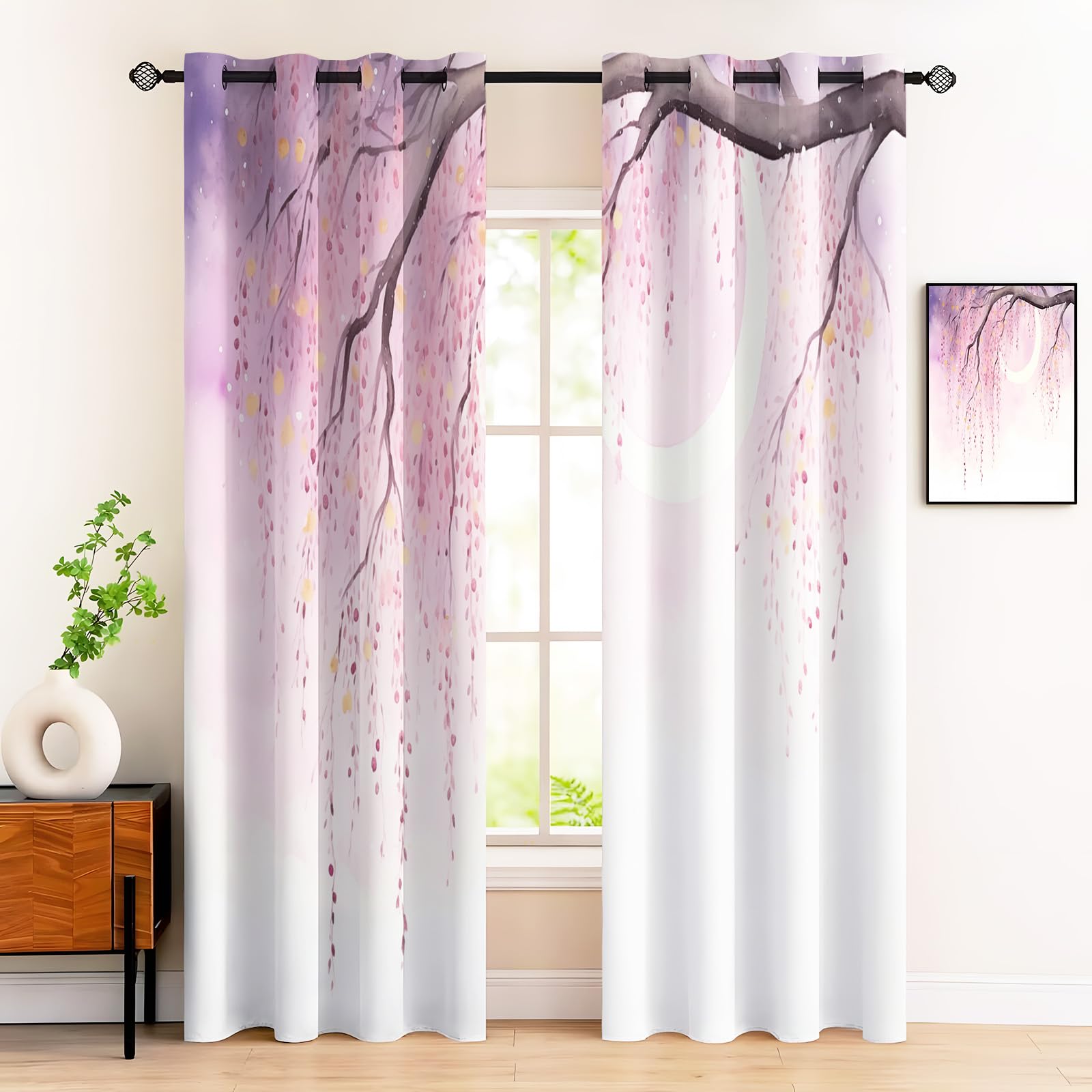 Rideaux Occultant Ciel Lunaire Saule Lot De 2 140Lx240H Cm, Rideau Thermique Anti Froid Poudre Blush Rideau Opaque Aquarelle Rêveuse À Oeillets Cloisons Draperies pour Chambre Salon