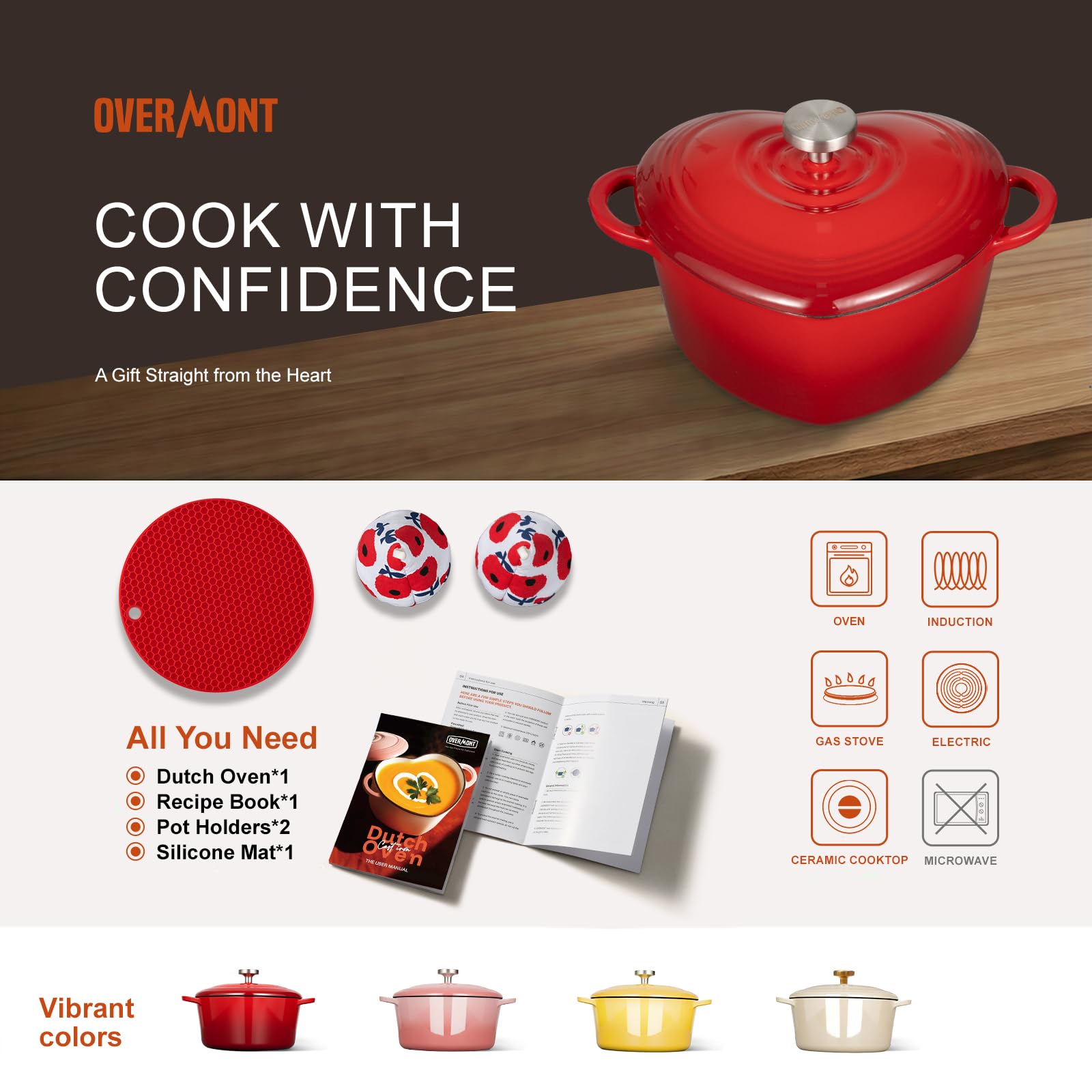 Overmont Pentola in Ghisa Smaltata a Forma di Cuore - 1.89L Casseruola con Coperchio e Libro di Ricette - Per Cucina, Forno, Stufare e Arrostire - Regalo Matrimonio e Festività - Rosso
