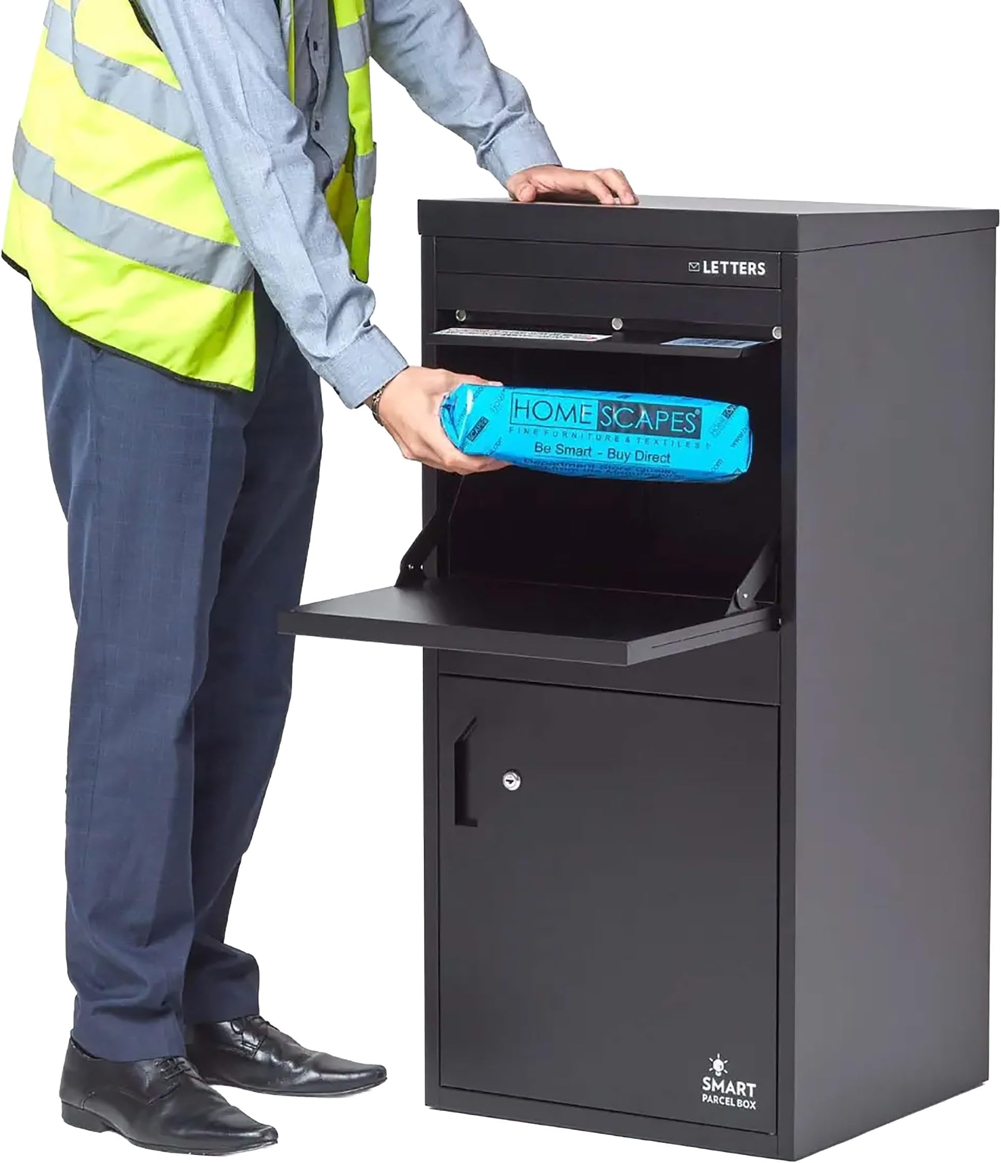 – SMART PARCEL BOX Extra Large Parcel Box Outdoor, 2 Door Weatherproof Black Delivery Box With Secure Front & Rear Access, Durable Galvanised Steel, Lockable For Post, Multiple Letters & Package Drop