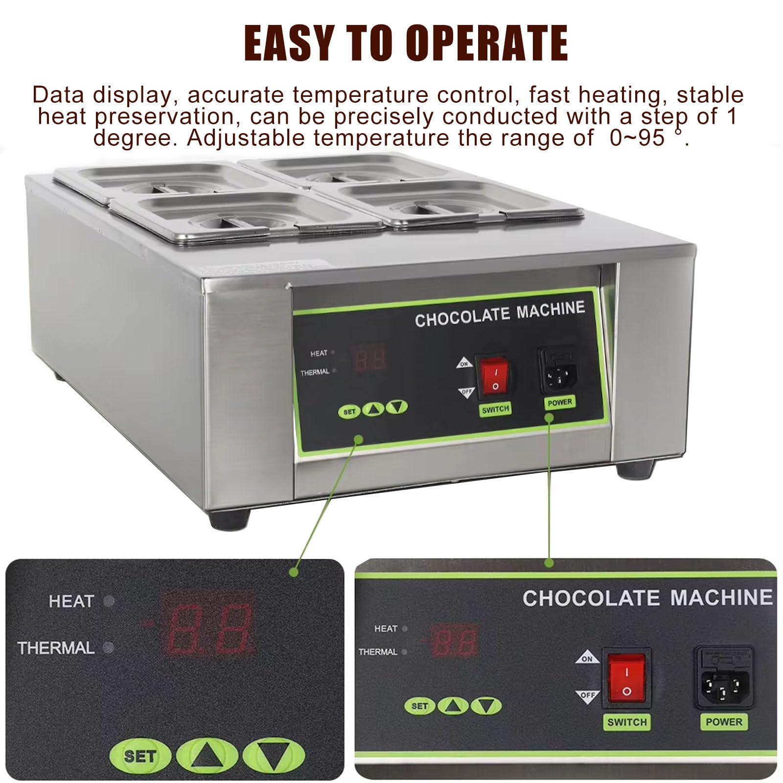 Machine De TempéRage Du Chocolat, Fondoir à Chocolat éLectrique Commercial, 17,6 Lb Professionnel Chauffé Pour Faire Fondre Le Beurre De Chocolat, 0 à 95 ℃ Un Seul Baril,2Cylinder