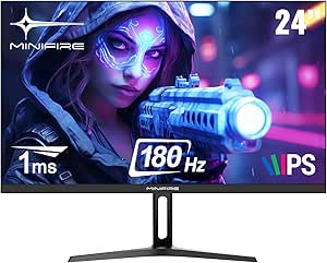 Minifire 24 inch Gaming PC Screen, 180Hz, 1ms, AdaptiveSync, IPS Monitor, FHD, 110% sRGB, 2xHDMI/1xDP Ports, BluelightShield, Ultra-Thin Bezel, Adjustable Tilt (MFG24F4 HDMI Cable Included)