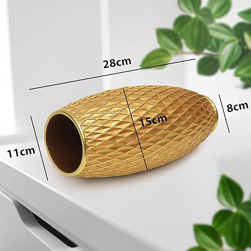 Miniatura 3 de Suanti Jarrón dorado para flores de 11 pulgadas de alto, hecho a mano y pintado a mano con patrón geométrico de diamante para sala de estar, cocina,