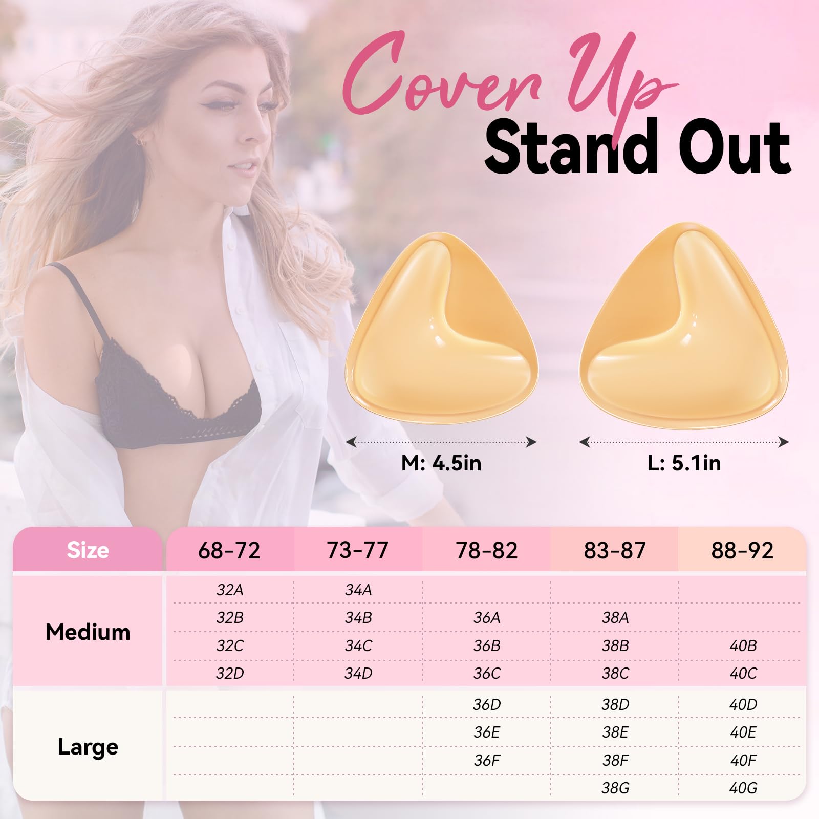 BeautiKip Ultra Push up Sticky Bra Pads Inserts, Double Sided Adhesive Bra Inserts, Stick on Bra for Sports Bra Swimsuit (Large Beige)
