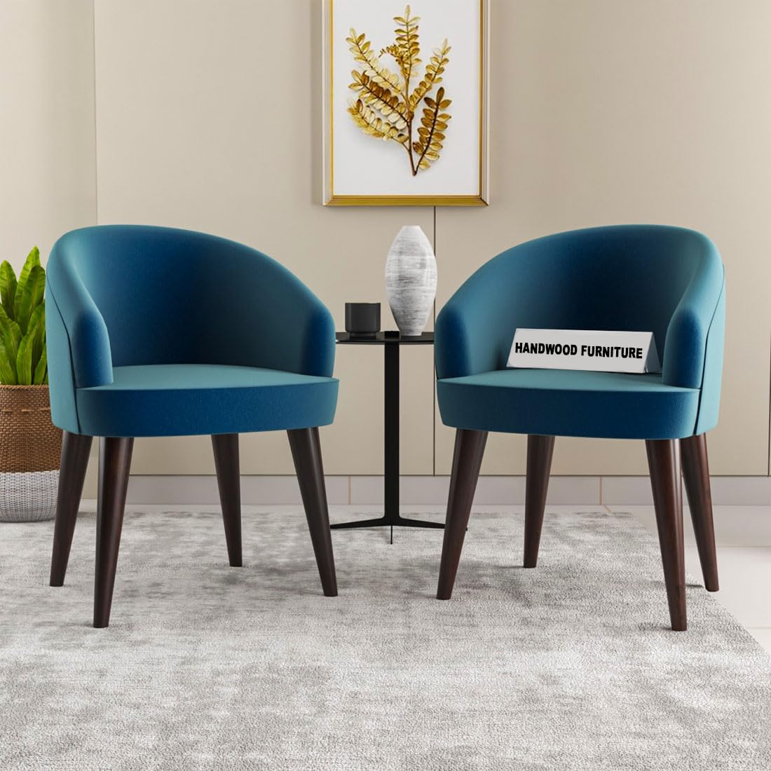 HANDWOOD FURNITURE Modern Home Furniture|Solid Wood Cushion Dining Chair Set of 2 with Velvet Fabric | Study Chair for Home & Office|Walnut Finish with Blue Cushions