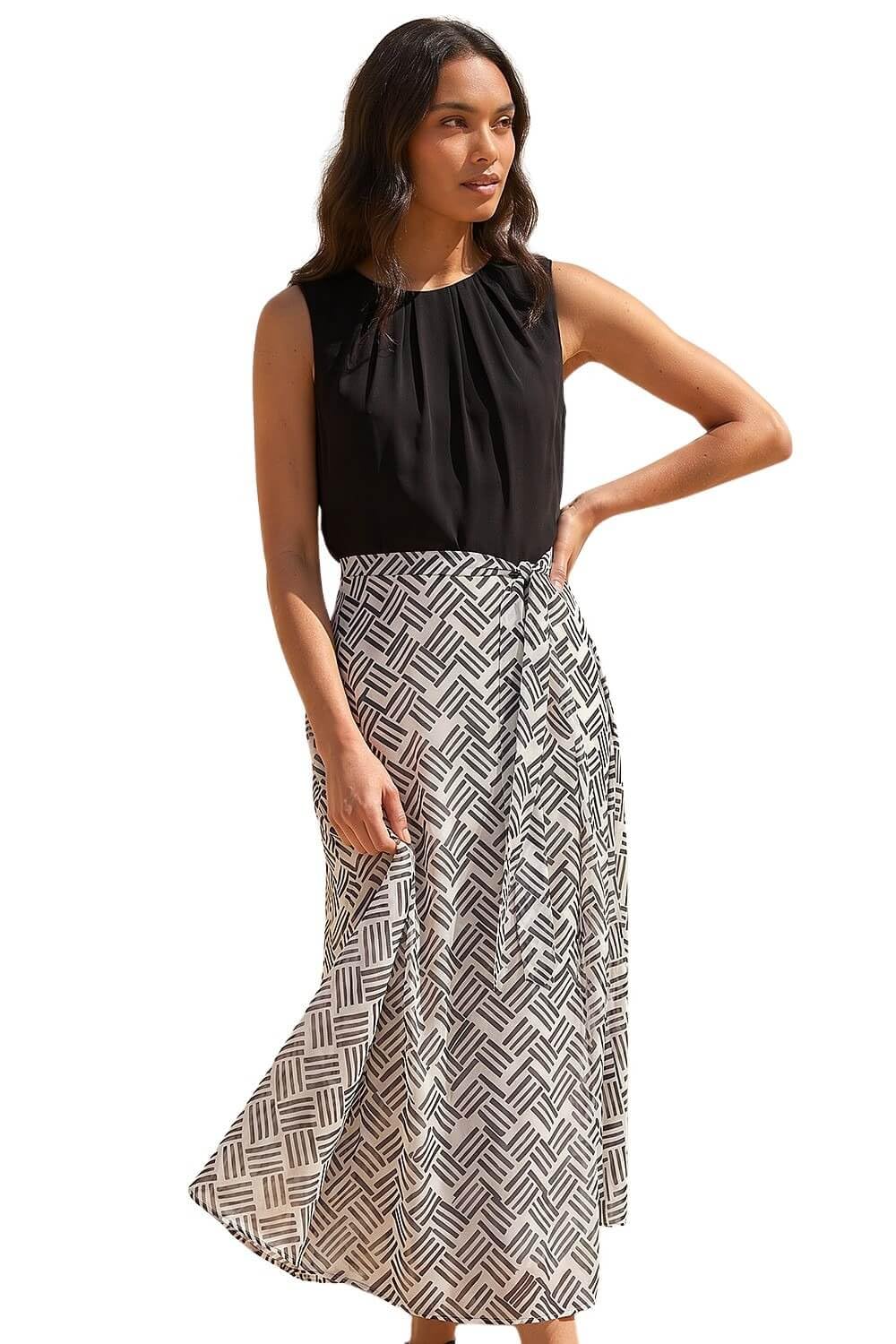 Roman Women's Black Pleat Neck Contrast Print Midi Dress In | : Size 14