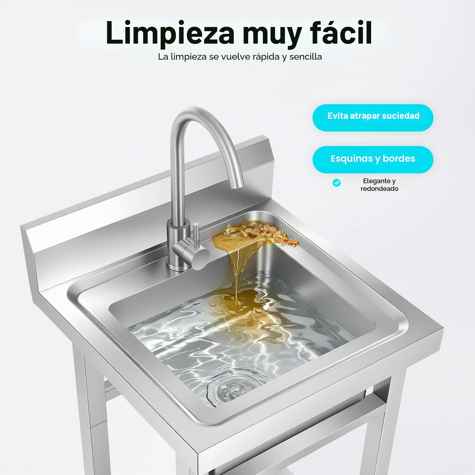 Fregadero independiente, fregadero de acero inoxidable comercial, lavabo individual con grifo, fregadero con soporte de tubo cuadrado para exteriores, garaje, restaurante, cocina, lavadero, 50x50x93cm