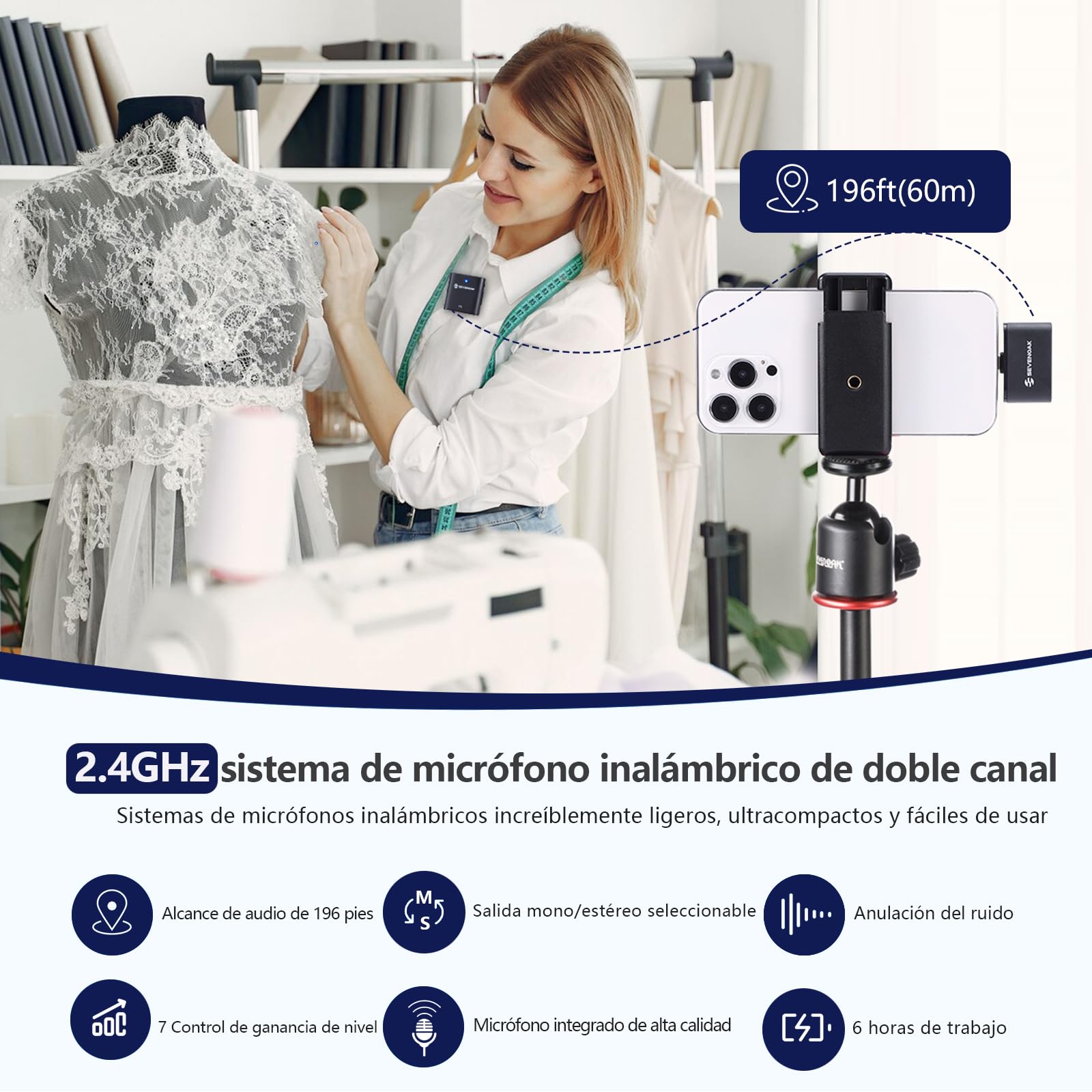 SevenOak Micrófono inalámbrico de Solapa, con cancelación de Ruido/Ganancia/Mute, micrófono inalámbrico de Solapa con estéreo/Mono para iPhone iPad Recording Interview SKM-S1 D (1 TX + 1RX)