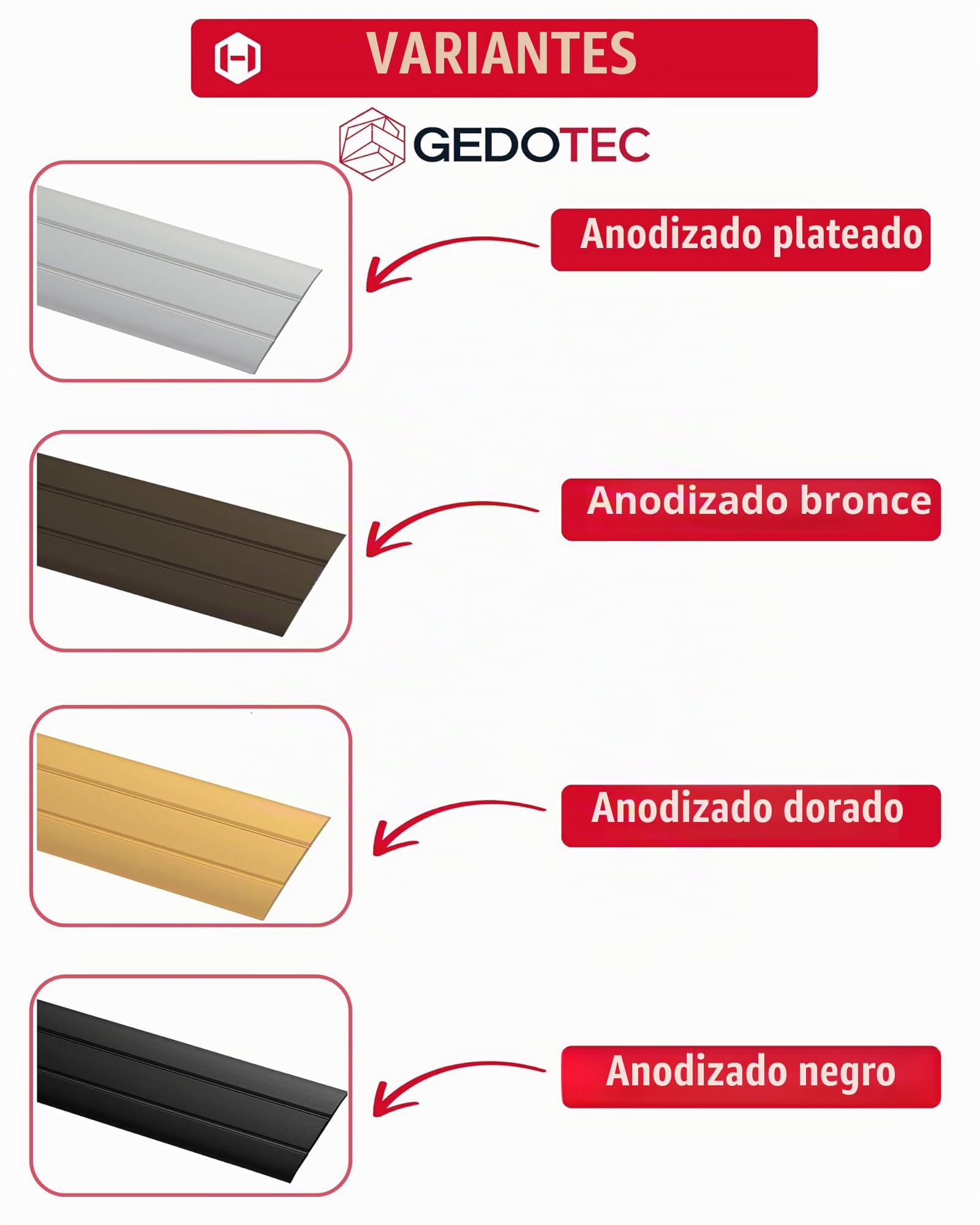 Gedotec Perfil de transicion autoadhesivo Plata 2000 mm alu - Longitud 2 m anchura 37 mm - aluminio anodizado - Made in Germany - sin taladrar - listón umbral