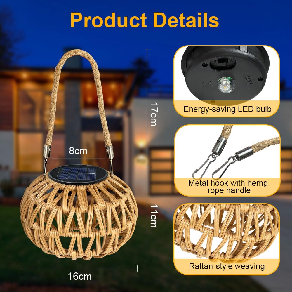 Solarlampen Für Außen Hängend/Stehend, 2 Stück Solarlaterne Für Außen, IP65 Solar Lampions Außen Wetterfest, Solar Laternen Für Draußen, Rattan Solarleuchten Garten Balkon Patio, Solarlaterne Outdoor