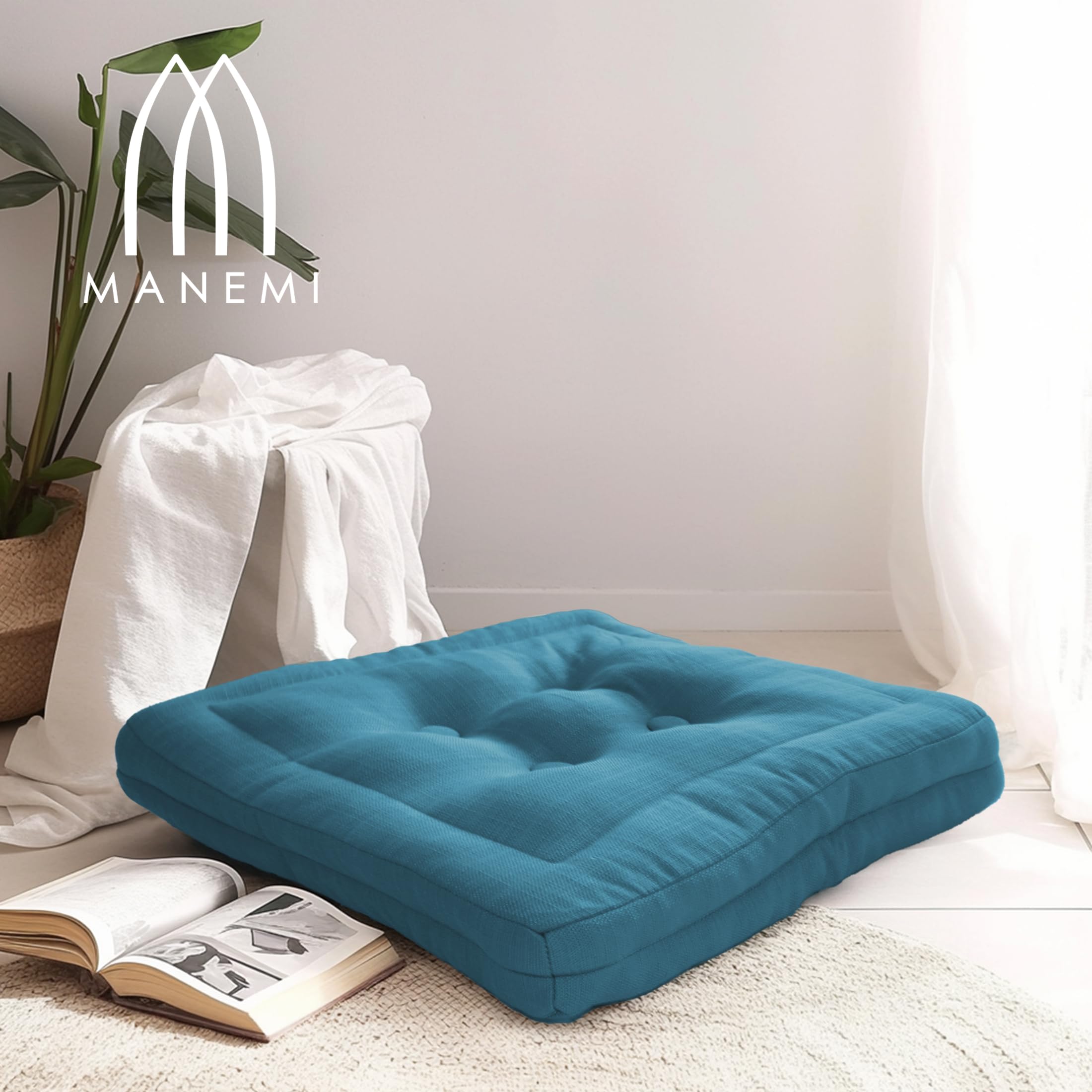 MANEMI Coussin de sol rembourré 60 x 60 x 10 cm, coussins pour palettes, banc, chaise et sol, oreiller de sol confortable pour intérieur et extérieur. Coussin avec texture de bambou, coussin de siège