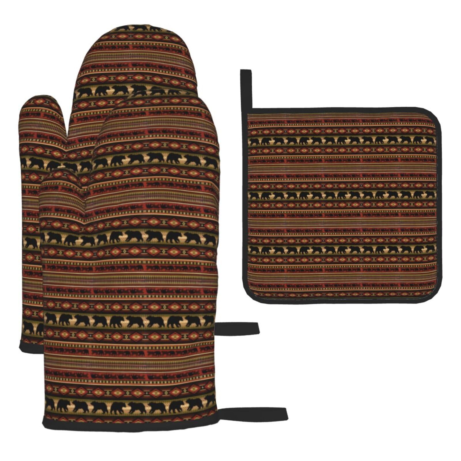 Bear Print Oven Set Kitchen Gloves Baking Grilling Microwaving Cooking Gift Everyday Holiday