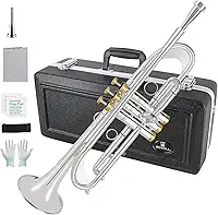 ROWELL Trompete Bb, Trompete Profissional para Estudante, Conjunto de Trompete Padrão de Instrumentos de Latão, com Caixa de Trompete Profissional, Kit de Limpeza, Bocal de Trompete Original 7C, Pano e Luvas (Prata)
