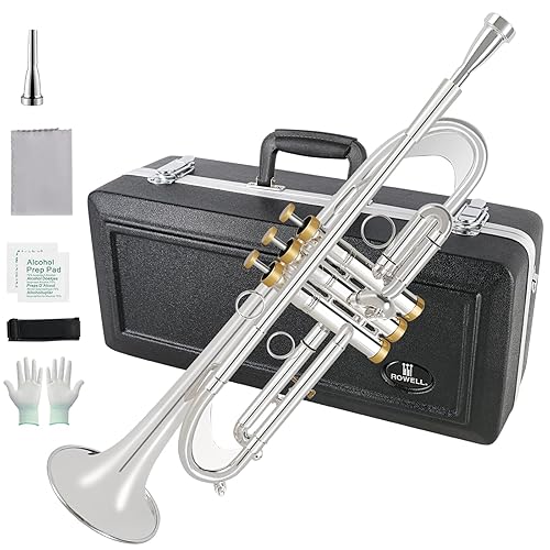 ROWELL Bb Trumpet Professional Trumpet for Student Brass Instruments Standard Trumpets Set with Professional Trumpets Box, Cleaning Kit,Original 7C trumpet Mouthpiece, Cloth and Gloves (Silver)