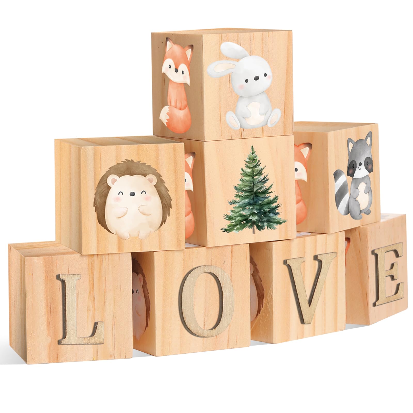 Wonderjune Custom Woodland Animals Wooden Name Sign, 8 Animals Block with 78 Letter Nursery Name Cubes for Nursery Shower Baby Shower Alphabet Wood