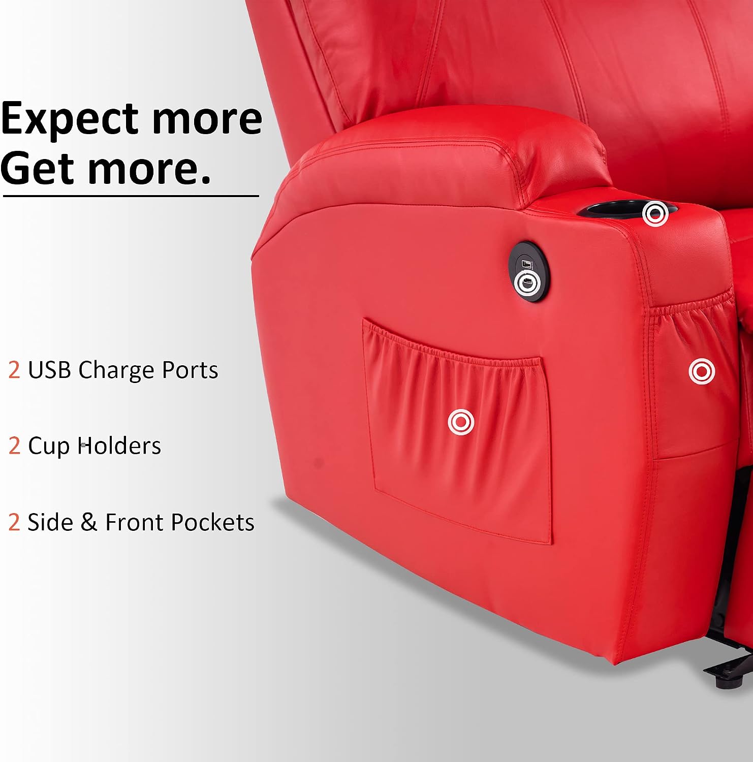 Close-up of the recliner's armrest showing USB charge ports, cup holders, and side pockets