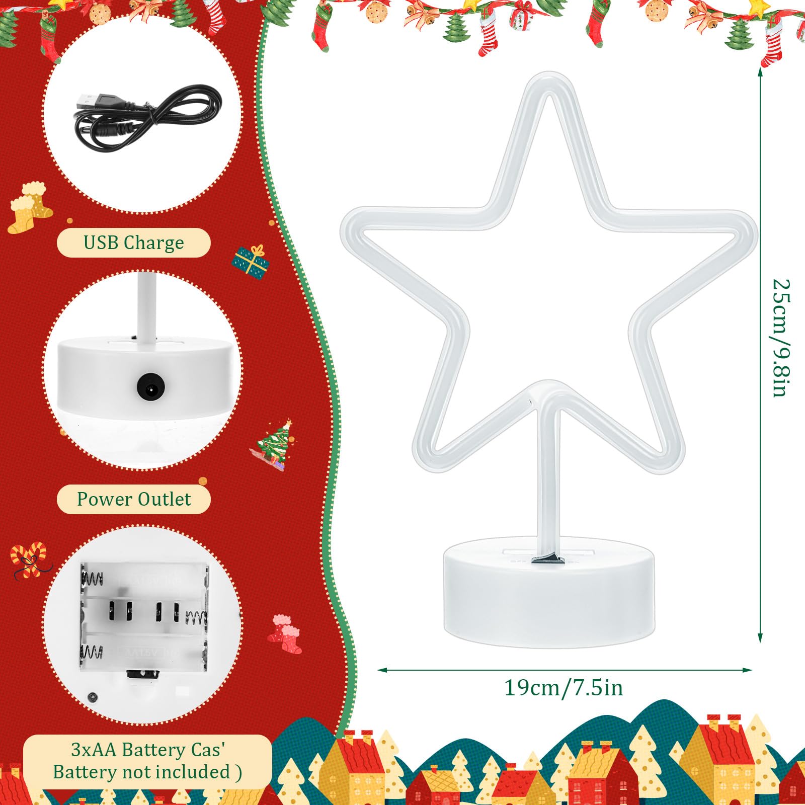 3 szt. neonowy znak w kształcie gwiazdy z podstawą, Boże Narodzenie, lampki LED, prezent, bateria i zasilacz USB, na biurko, dekoracja urodzinowa, dekoracja imprezowa, dom, sypialnia, hotel