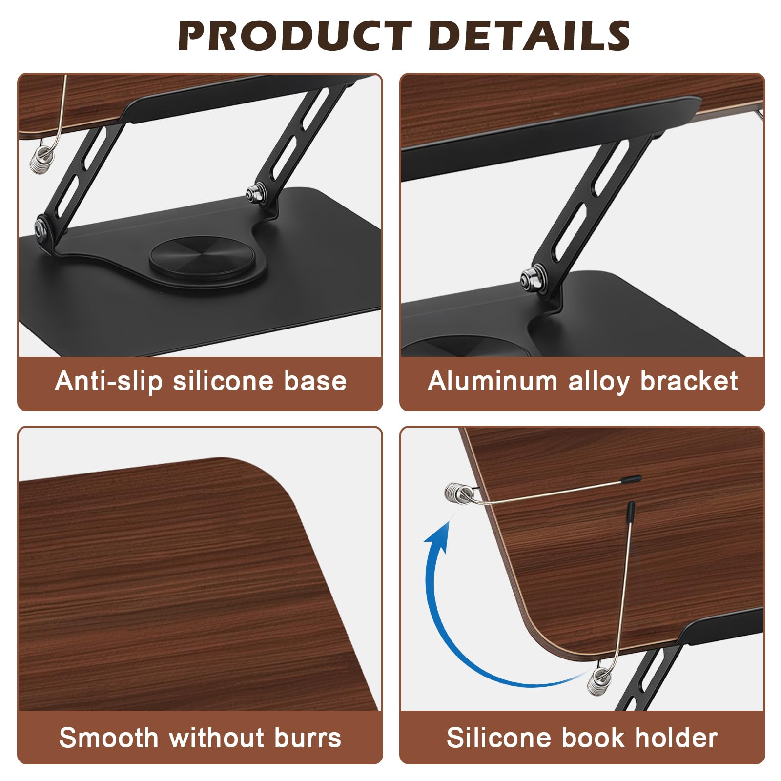Supporto per libri in legno, regolabile, porta-libri girevole a 360°, supporto da lettura con clip laterale, pieghevole e portatile, elegante supporto per libri in legno per libri di cucina, ricette