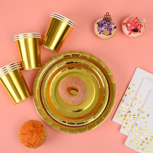 Miniatura 10 de YAOSHENG 201 piezas de suministros de fiesta de oro rosa, lunares de oro rosa en platos de papel blanco y servilletas, tazas de cubiertos que sirven