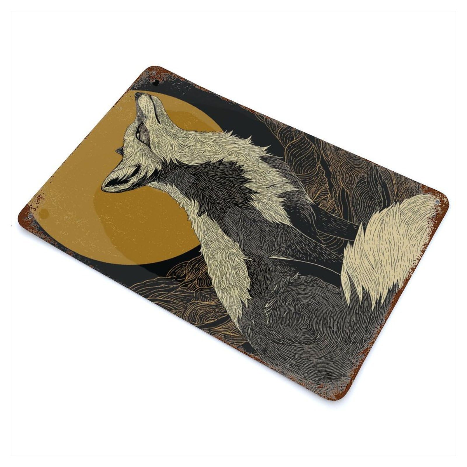 Rust Effect Fox Howling at The Moon Illustration Rusty Metal Tin Sign 11.8"x7.9", Farmhouse Wall Decor for Shed, Workshop And Garage Wall Decor