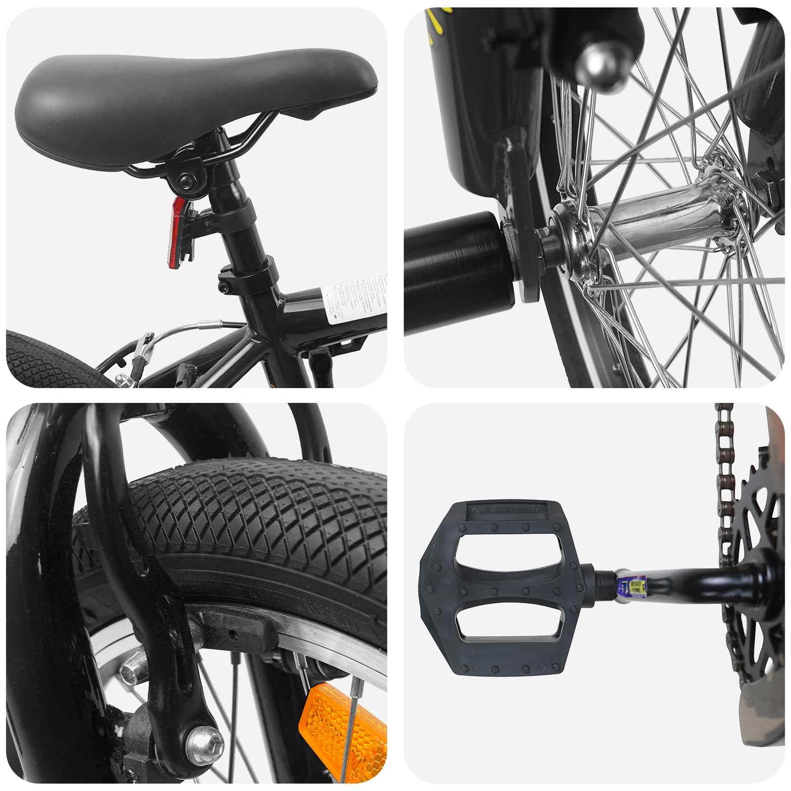 Vélo BMX pour enfant noir avec cadre en acier, selle et guidon réglables, freins à traction linéaire, adapté pour les loisirs, l'entraînement, la mobilité sur le terrain et la ville