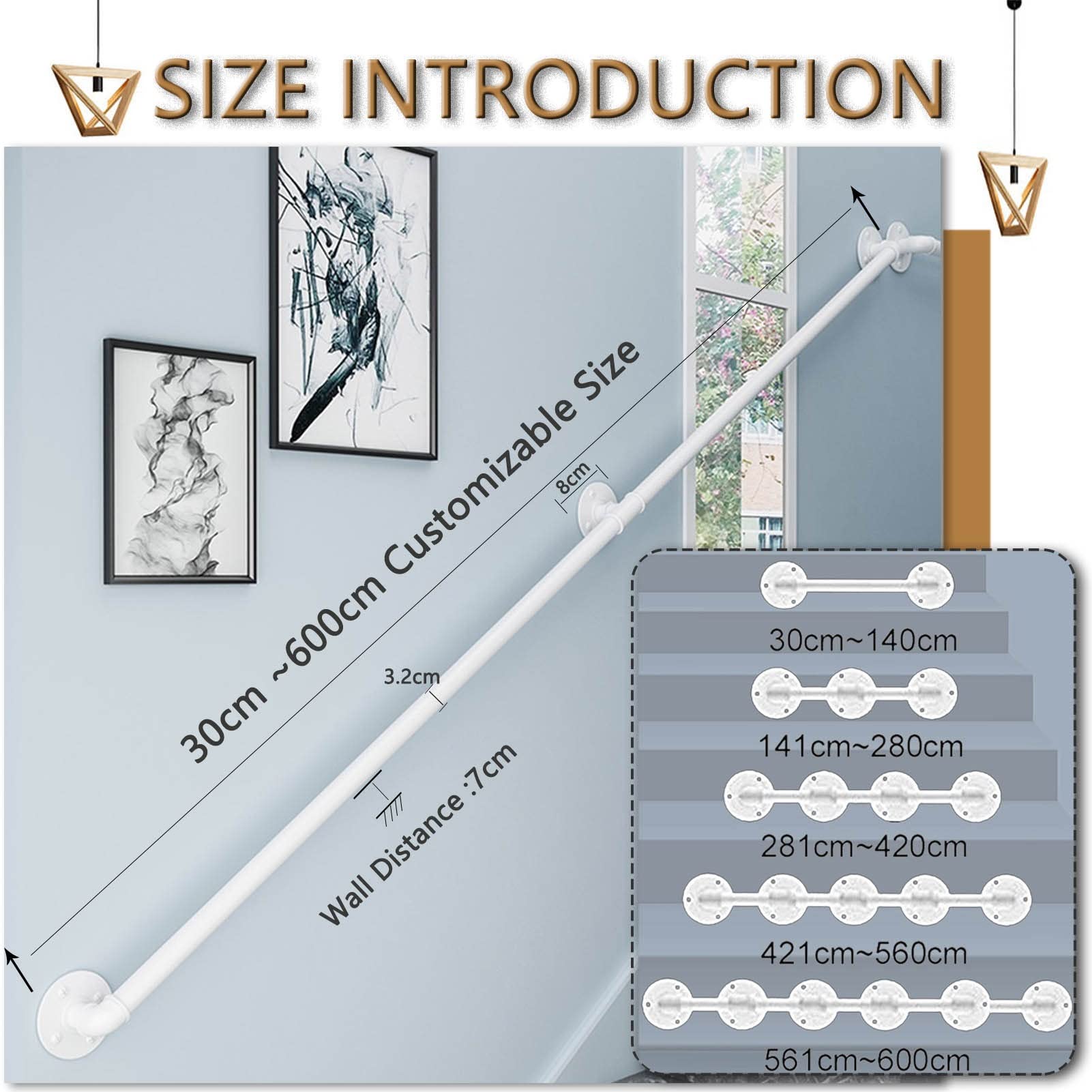 Bianco Scale Ringhiera Corrimano 1m 2m 3m 4m 5m 6m, Asta di Supporto Ringhiera Scale per Disabili Anziani Interni Esterni Maniglione/Maniglie - Supporto 200kg (Size : 200cm)