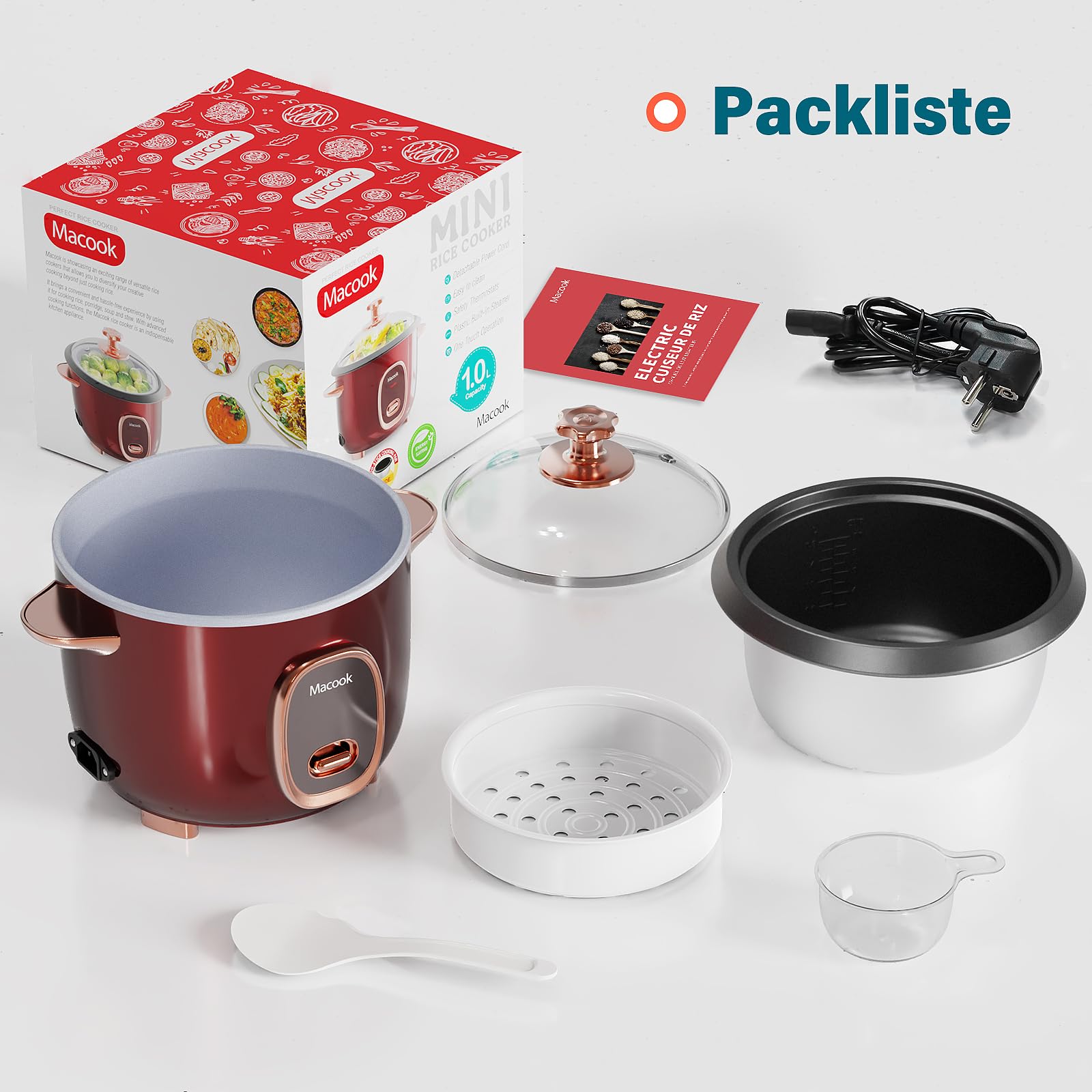 Macook Reiskocher & Dampfgarer mit Antihaft-Innentopf - 1L, Burgunderrot - Für 1-5 Personen - Schnelle Zubereitung ohne Anbrennen - Mit Warmhaltefunktion inkl. Dämpfeinsatz, Löffel & Messbecher