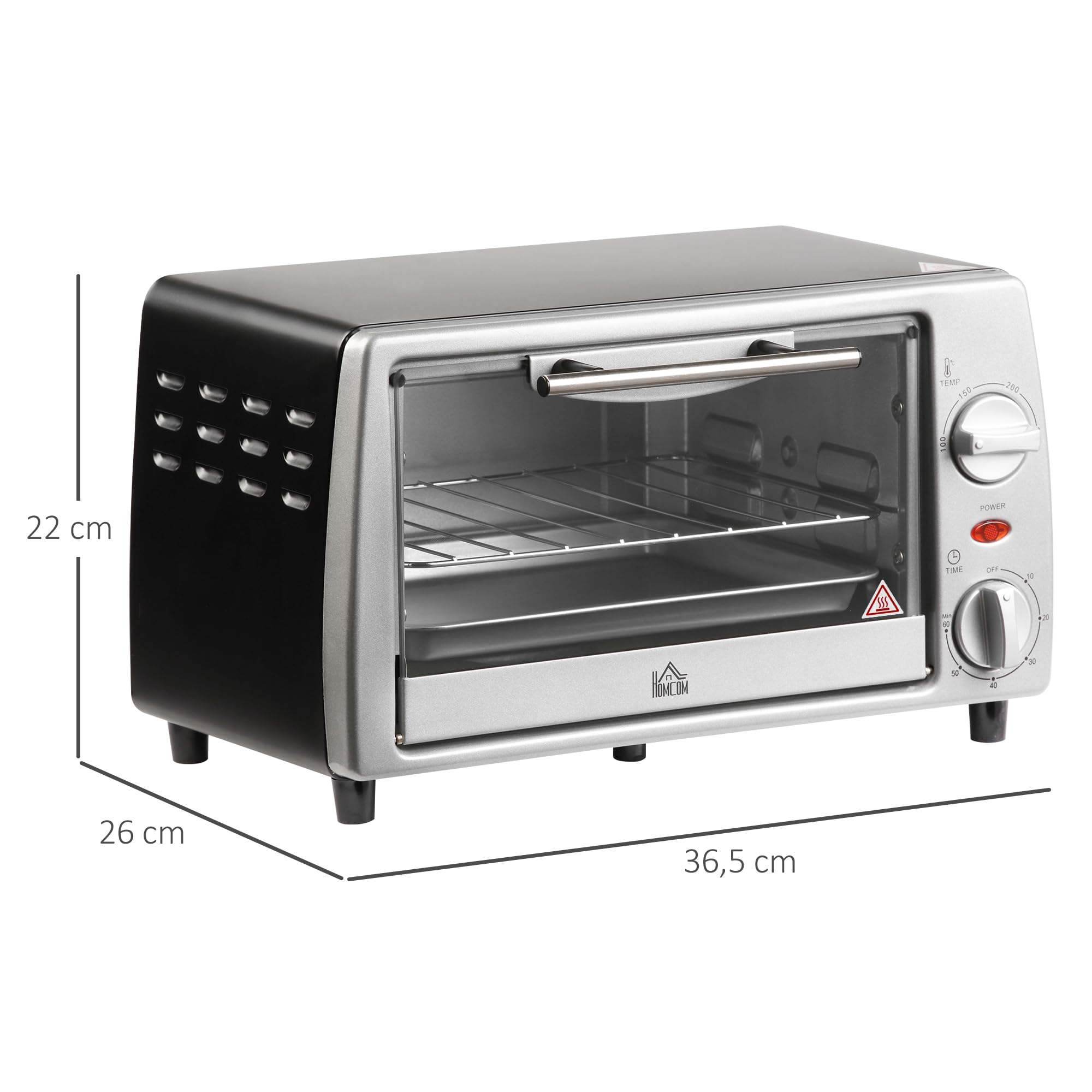 HOMCOM Mini four électrique 10L avec 1 grille et 1 plateau, température réglable de 100°C à 230°C, Minuteur 60 min, 36,5x26x22cm, argent