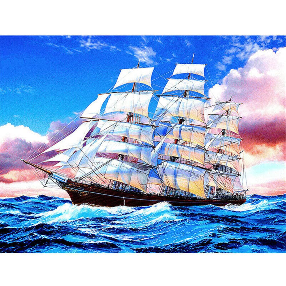 40X50CM Pittura diamante 3D fai da te Barca a vela in mare Punto croce Paesaggio Diamante Ricamo