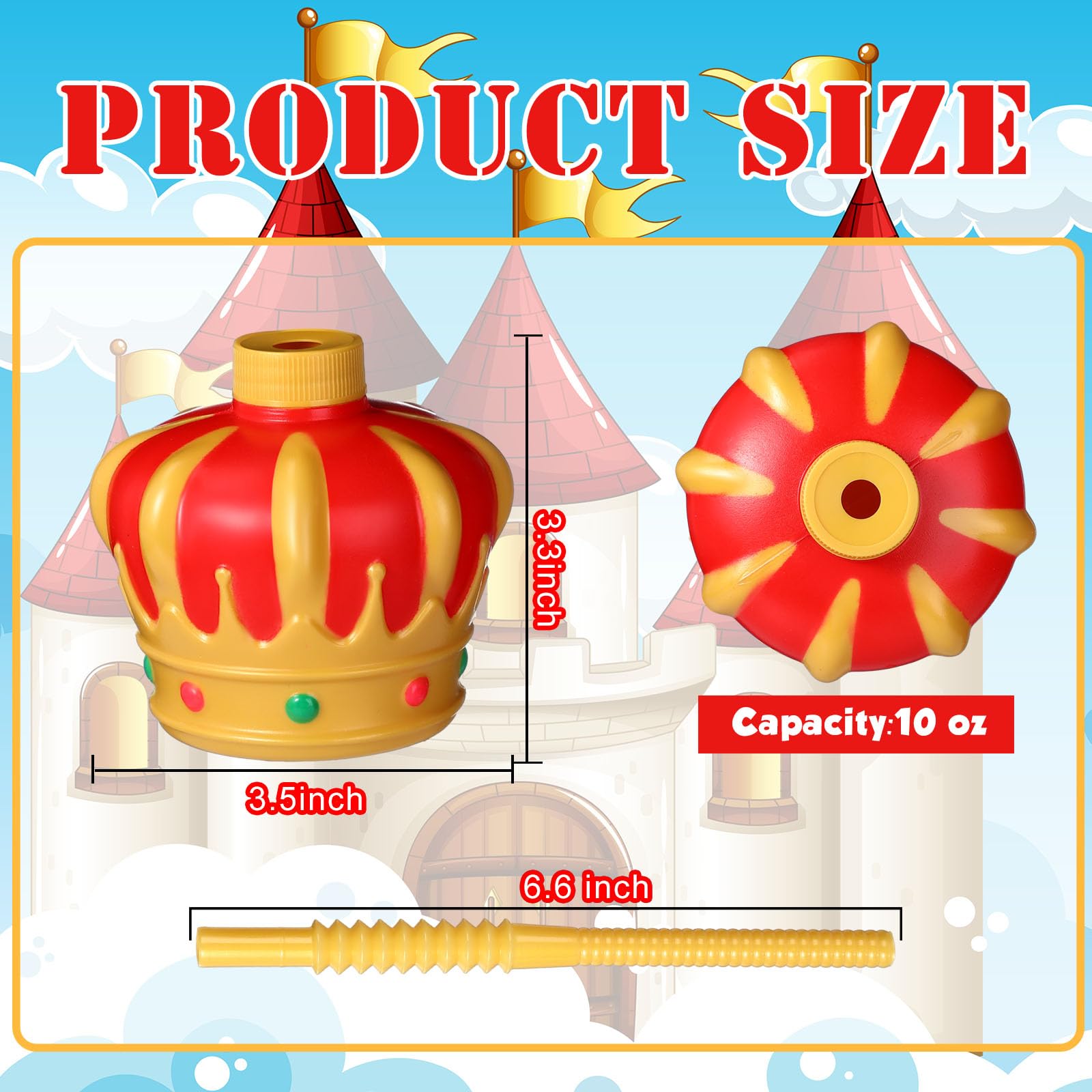 Sratte 12 Pcs Gold Crown Drinking Cups with Straws and Lids, 10 oz Medieval Birthday Party Decorations Plastic Cups for Kids King Prince Knight Theme Party Supplies