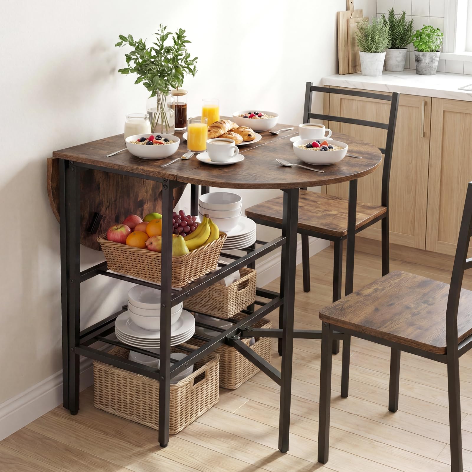 COSTWAY Mesa de Comedor Extensible, Mesa de Cocina Plegable con 2 Hojas Abatibles, 2 Estantes de Almacenamiento, Estructura de Metal, para Sala de Estar, Espacios Pequeños, 110 x 70 x 76 cm (Marrón)