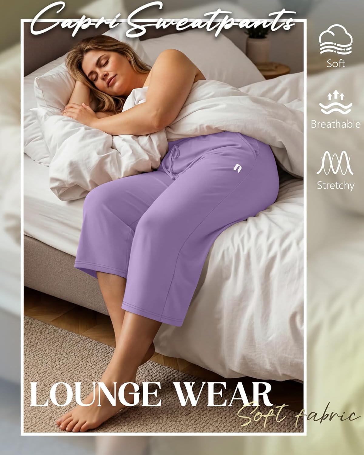 Neer 3 Pack Women's Plus Size Capris,Wide Leg Loose Pants Casual Drawstring Capri Sweatpants Drawstring Pants with Pockets - Image 2