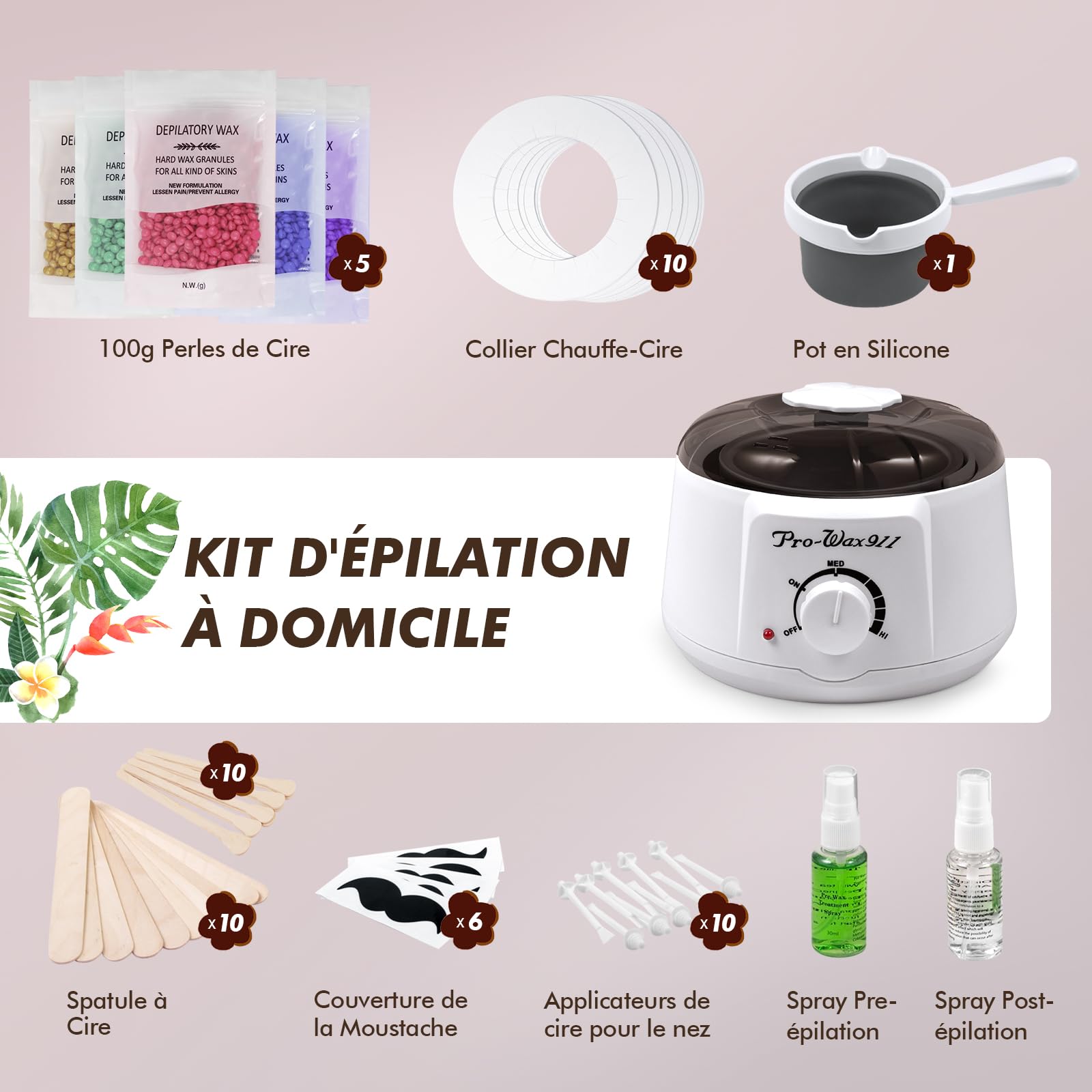 Kit Chauffe Cire Epilation avec Machine à cire | 500 g Cire | 30 Applicateurs | Pot en Silicone, Kit d'Épilation Complète du Corps et Visage à Domicile pour Femme & Homme