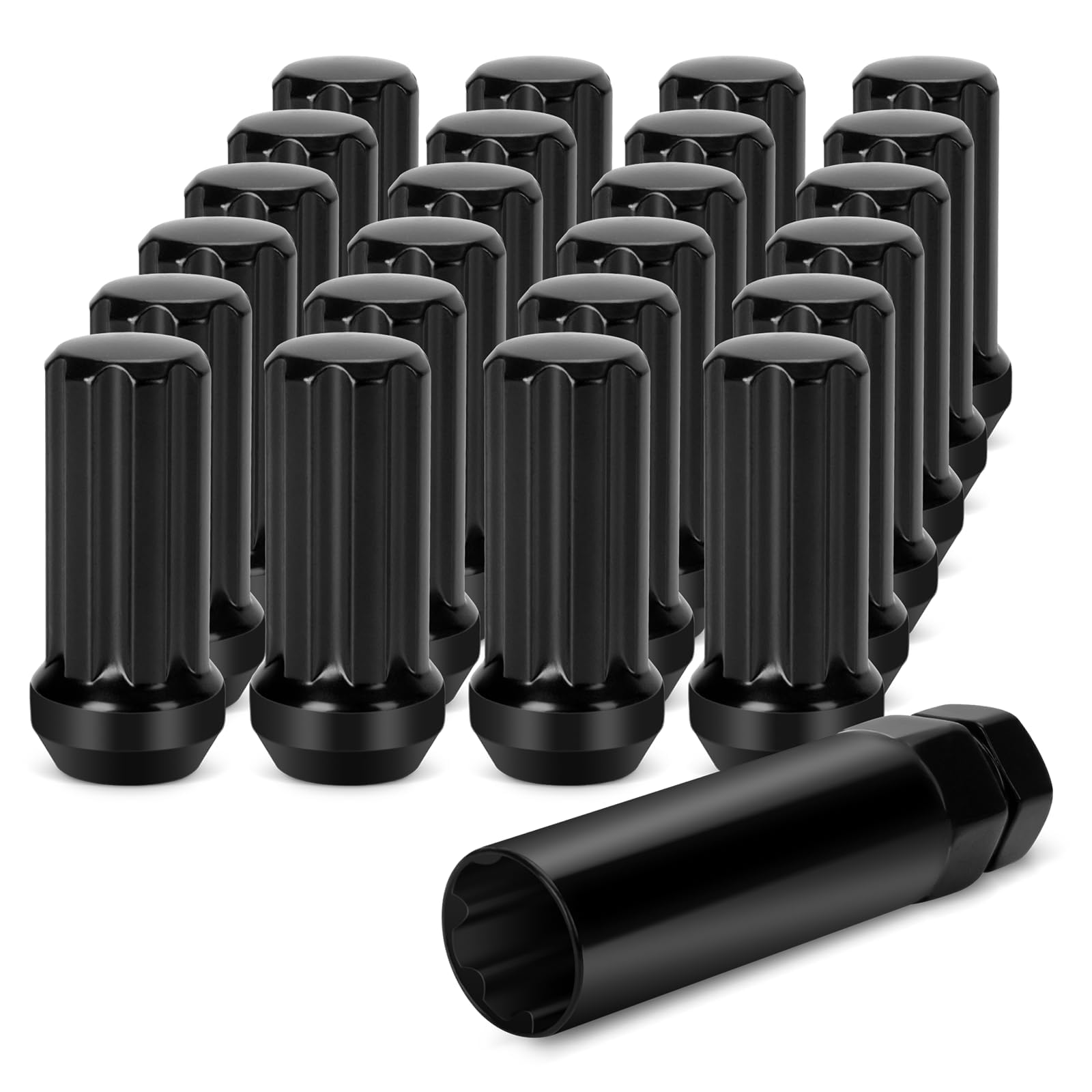 dynofit 14mmx1.5 Wheel Lug Nuts, 24x Black M14x1.5 Lug Nut, Conical/Cone Bulge Seat, Closed End Lug Nuts with 2 Socket Keys for Chevy GMC Cadillac Lincoln SAAB Saturn 6 Lug Aftermarket Wheel