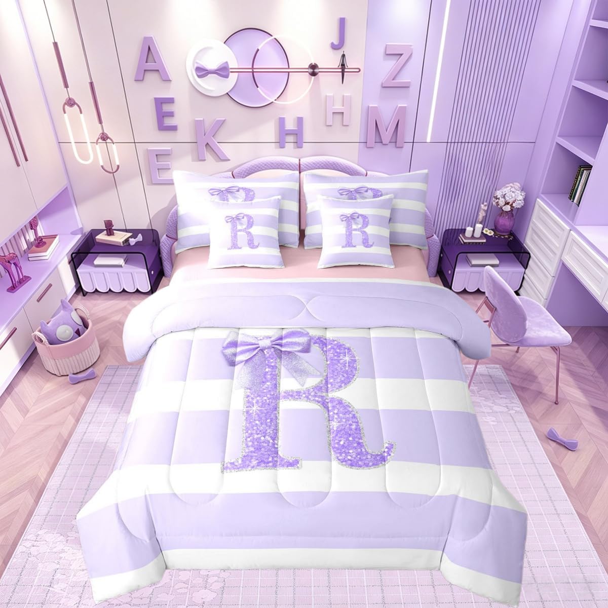 Erosebridal Initial Letter R Bed in A Bag Full Size Purple Bowknot Kids Comforter Set Kawaii Bow Monogram 7 Piece Bedding Set Modern Aesthetic Stripes Bed Sets for Girls Teens Women Room