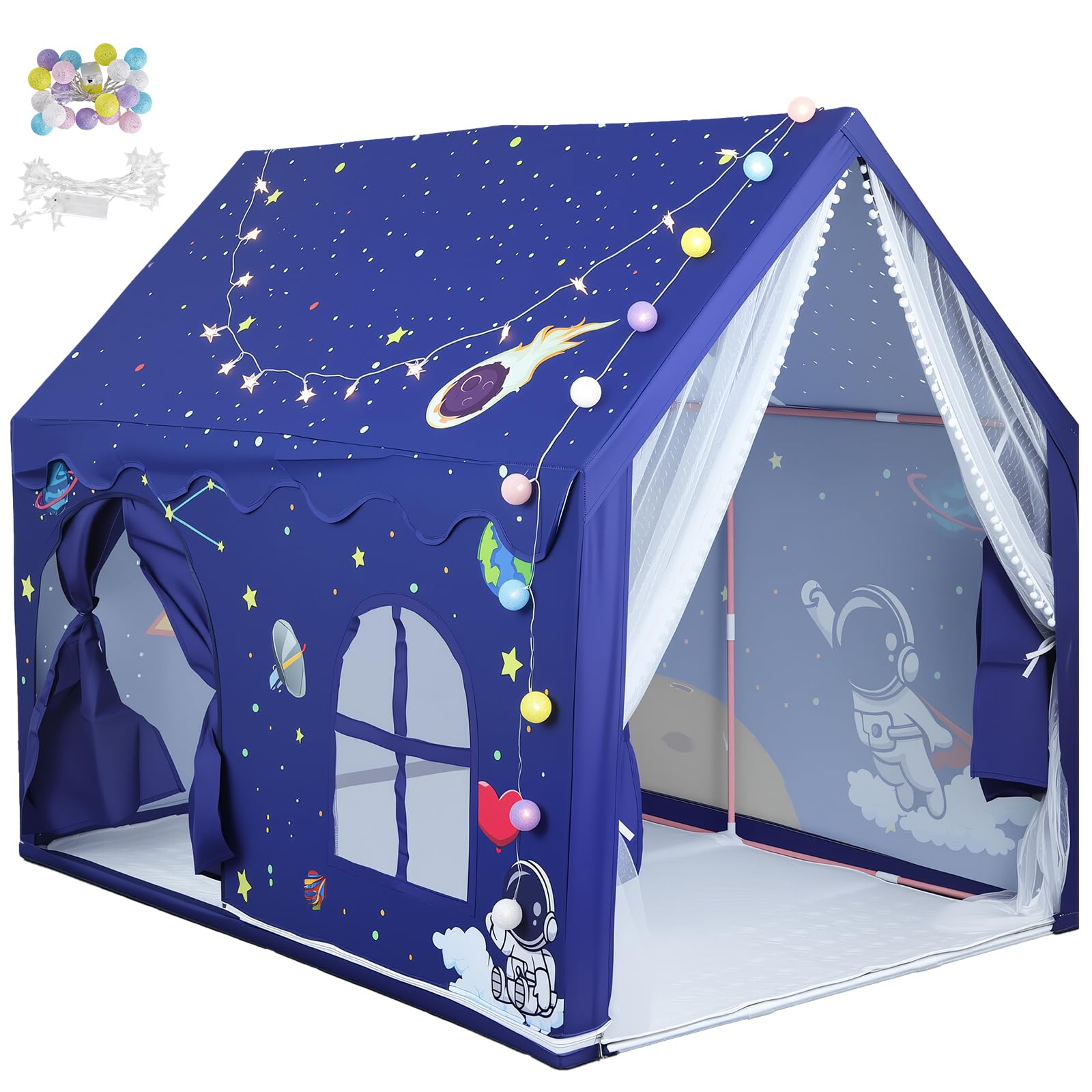 Tenda da Gioco per Bambini a Tema Spaziale con Luci LED a Stelle | Capanna di Grandi Dimensioni 160×105×128cm per Interno ed Esterno con 2 Porte e Tappetino Antiscivolo, Montaggio in 15 Minuti