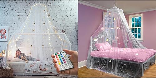 Bollepo Toldo de cama amarillo y blanco para niñas con unicornios + estrellas brillantes, decoración de habitación de red de cuna de princesa |