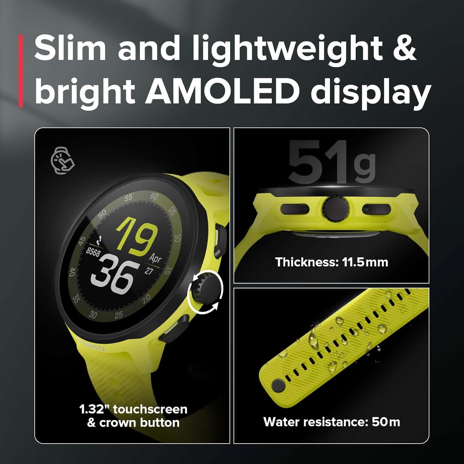 SUUNTO Run Sport Watch, Running GPS Watch Lime (w/Silicone Strap) & SUUNTO 22 ATH6 Silicone Strap All Black S+M
